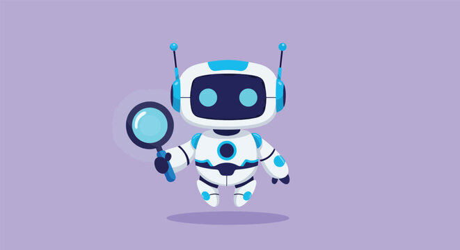 Cute cartoon robot holding a magnifying glass exploring and searching.