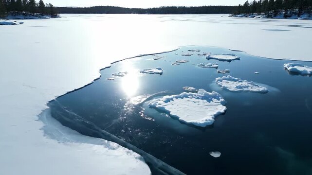 Fascinating timelapse of ice sheets slowly breaking apart and melting on a tranquil frozen lake transition, winter, planet