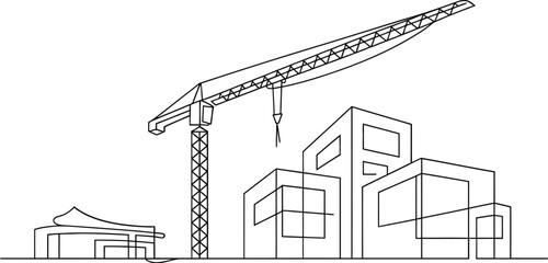 Architectural sketch of a modern cityscape under construction featuring a prominent crane lifting materials near abstract building outlines symbolizing urban development and progress