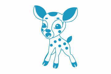 Cute surprised fawn with blue spots stands on white in a cartoon style