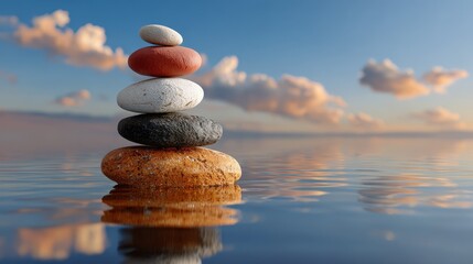 A serene natural landscape featuring a carefully balanced stack of smooth stones or a cairn creating a meditative and tranquil scene against the calm reflective water of a lake or ocean.