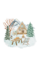 A digital watercolor scene of a cozy winter morning with a small cabin and a picnic table set for coffee or breakfast in the snow.
