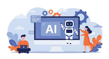 Futuristic AI Robot Interacting with People and Technology.