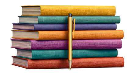 Stack of colorful books with golden pen, isolated on transparent background