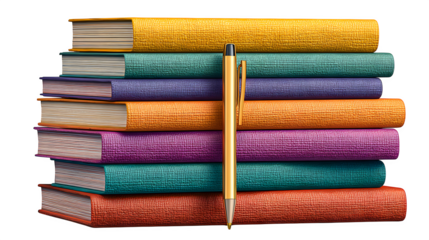 Stack of colorful books with golden pen, isolated on transparent background