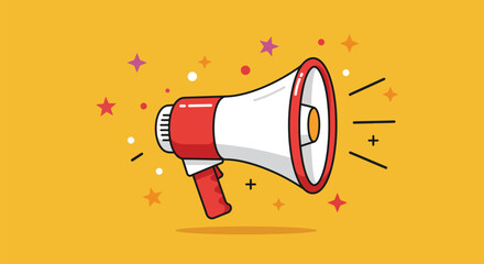 Red and White Megaphone Emitting Sound Waves and Stars.