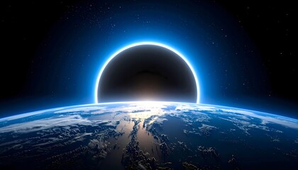 Stunning View of a Solar Eclipse from Earths Orbit with Glowing Atmosphere.