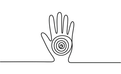 Minimalist continuous line drawing of an open palm with a concentric spiral design on the palm representing energy healing or a focal point of meditation and wellness