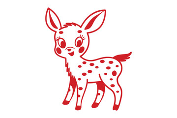 Lovely red cartoon deer outlined with adorable eyes standing gracefully on a white background