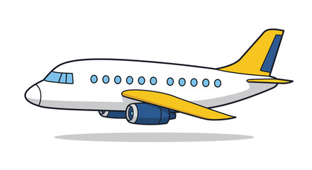 White and Yellow Passenger Airplane Illustration with Blue Engines and Windows.
