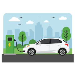 White electric car charging at a green station in a city park