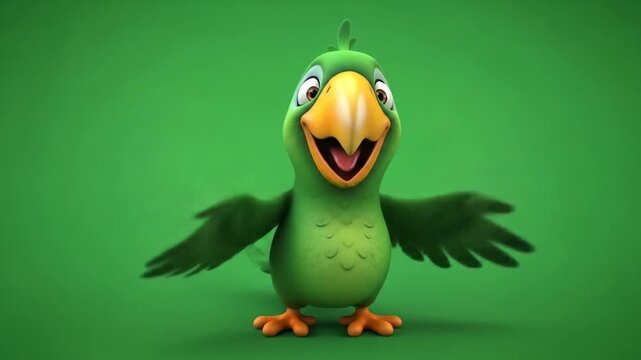 Animated Green Parrot Character Waving Wings Against Green Background for Animated Projects