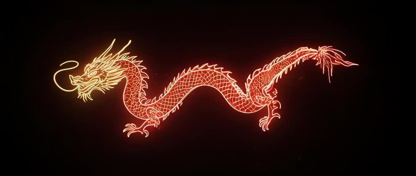 Neon Chinese Dragon Outline - Modern Looping Animation. This futuristic and minimalist design is perfect for contemporary Chinese New Year greetings, tech events.