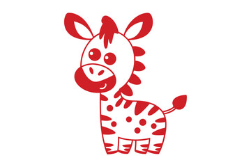 Playful red cartoon zebra with spots and stripes smiles cheerfully on a white background