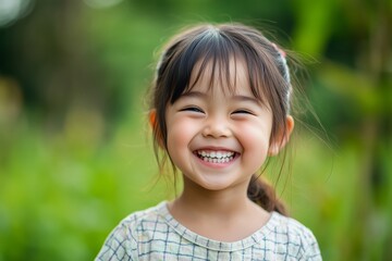 Joyful young Asian girl laughing and displaying a wide smile showing her front teeth