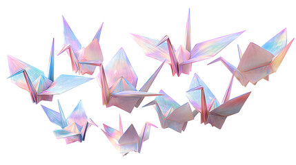 Iridescent Origami Cranes, isolated on transparent background