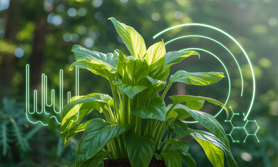 Vibrant green plant displays scientific data with glowing neon futuristic overlays