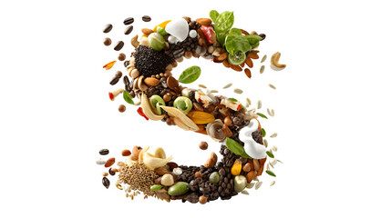 Letter S made of healthy foods, isolated on transparent background