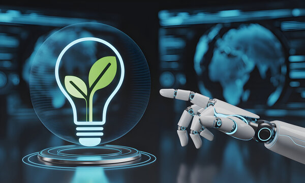 Futuristic robot arm touches glowing lightbulb with plant for sustainable innovation concept