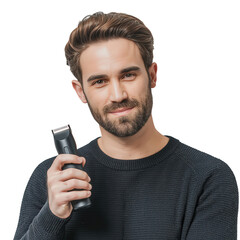 Stylish Man Holding Beard Trimmer in Studio Portrait