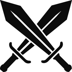 Crossing swords and battle axe collection. Ancient weapon icons. Flat black icon designs of various swords featuring distinct hilt shapes and blades in a minimalist simple blade design.