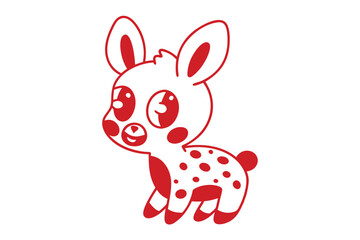 Red cartoon spotted fawn with large eyes is standing on white background