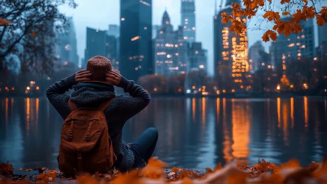 Cityscape Reflection with Autumn Leaves