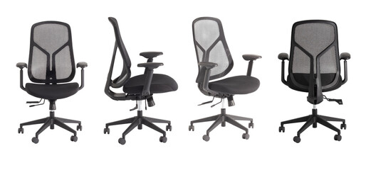 Chair front back side3 view high-back ergonomic office chair featuring a breathable mesh back and adjustable features