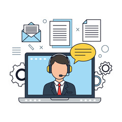 Customer support agent with headset on laptop screen, communication icons, and gears