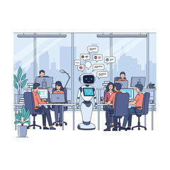 Modern office with employees and a friendly robot assistant interacting with technology