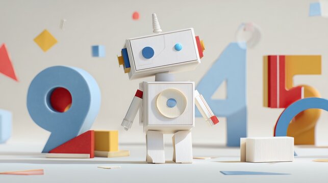 creative playtime: colourful  papercraft robot with numbers and geometric toy blocks for STEM early childhood education
