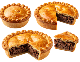 Four meat pies, golden crust, sliced open