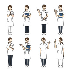 Set of diverse nurse characters in various poses and holding medical supplies.