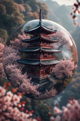 a Chinese Pagoda with cherry trees enclose in a glass orb