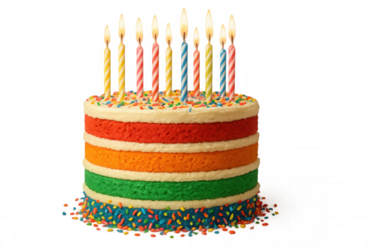 Rainbow birthday cake with lit candles and colorful sprinkles, celebrating a happy milestone on transparent background