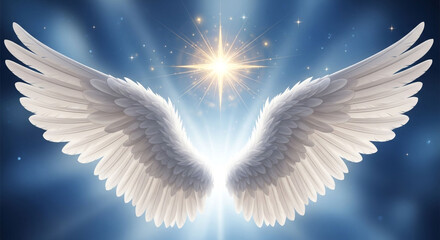 Behold the radiant glory of divine angelic wings unfurling against a celestial blue sky, bathed in the ethereal glow of a brilliant starburst, evoking peace and spiritual transcendence.
