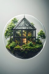 a house made of glass with greenery enclosed in a glass globe