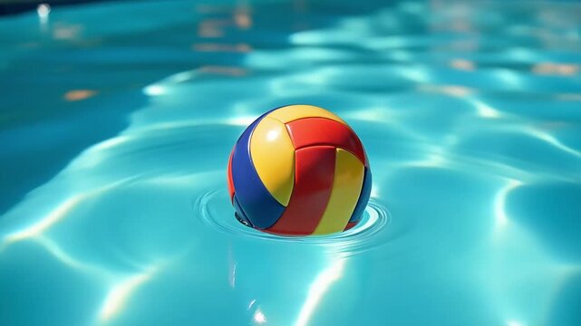 A colorful inflatable beach ball and mattress float on the blue pool water on a summer vacation