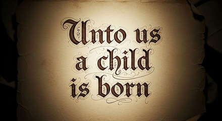 Elegant calligraphy announces 'Unto us a child is born' on aged parchment, evoking timeless wonder and festive spirit for holiday greetings and religious themes.