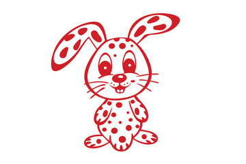 Red dotted rabbit standing against a white background showcases whimsical line art