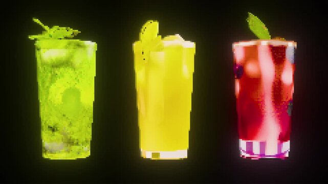Pixel art cocktails mojito orange juice and blackberry mojito in 8-bit style animation for gaming and restaurant technology applications. Digital beverage graphics retro gaming design.