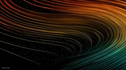 Flowing Curved Lines in Orange-to-Teal Gradient with Glowing Dots on Black Background in Abstract Digital Composition