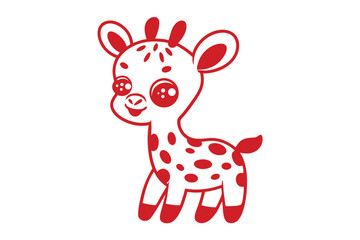Red giraffe with big eyes smiling sweetly stands against the white backdrop, looking gentle