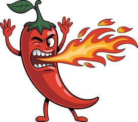Angry red chili pepper cartoon breathing fire, spicy hot pepper character vector illustration, funny food mascot, Mexican spice symbol, fiery heat concept design