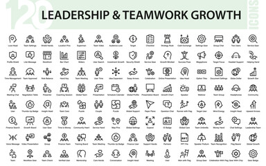 Professional leadership and teamwork line icon set featuring growth, strategy, business, training, finance, and collaboration concepts for presentations and branding