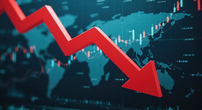 Global economic recession and financial market crisis symbolized by a sharp red arrow, indicating a steep decline in business performance and market value worldwide - Powered by Adobe