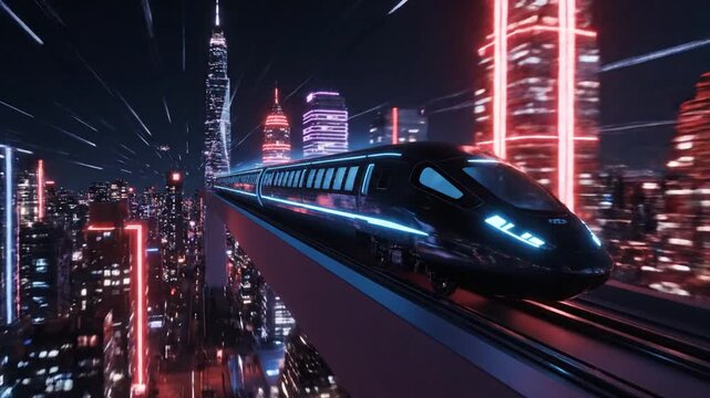 A futuristic high-speed maglev train travels through a neon-lit cyberpunk city at night.