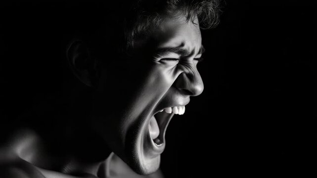 High-contrast black and white portrait of a man seething with anger, face partially lit by a single dramatic light source, jaw clenched, expressive shadows, minimal background, artistic emotional