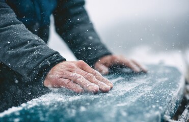 Hands feeling cold snow on icy surface