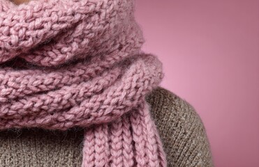 Warm pink knitted scarf protecting against cold